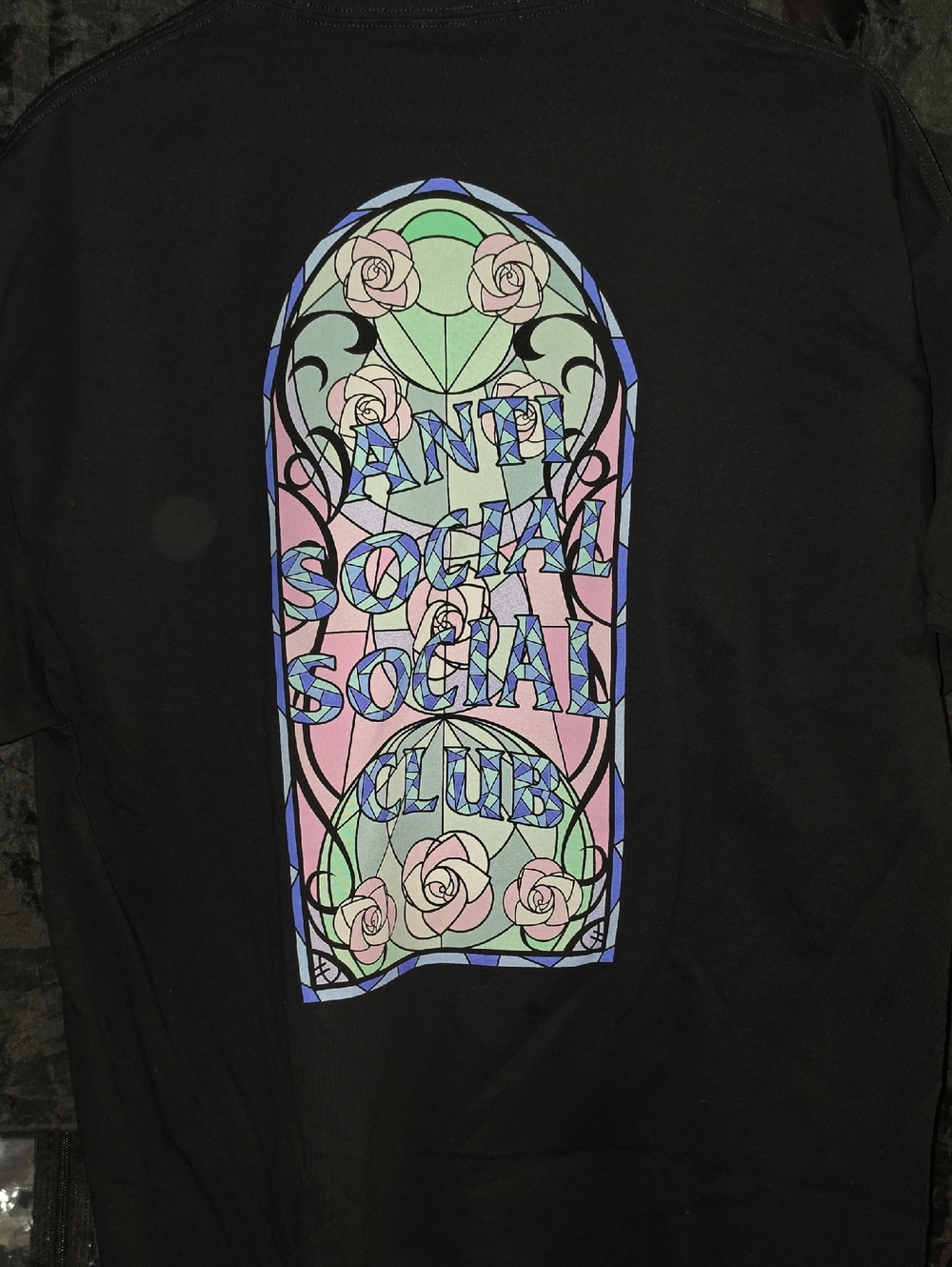 Anti Social Social Club Black Tee with Pastel Rose Stained-Glass Graphic
